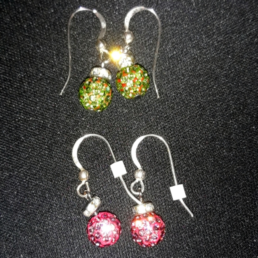 925 Sterling Silver and Crystal Earrings..1 inch..Pink/Green
